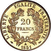20-franc piece, 1851, with the French motto around the circumference