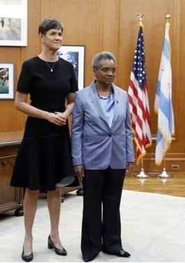 The first black female mayor of Chicago, Lori Lightfoot, and her "wife", the first lady of Chicago, Amy Eshleman.