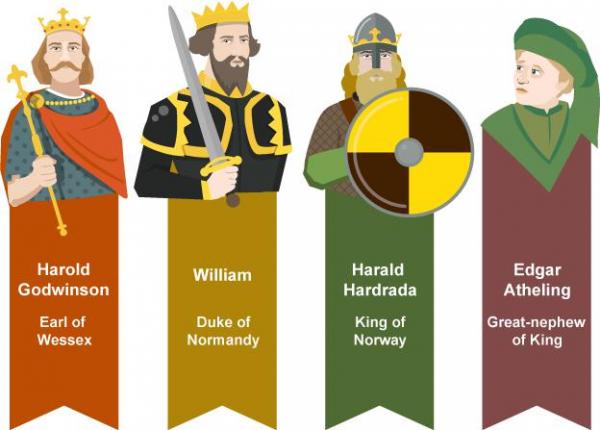 Four claimants to the English throne after Edward the Confessor. Harold was crowned King on the same day that Edward was buried.