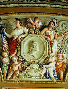 Detail from a fresco by Constantino Brumidi in the U.S. Capitol in Washington, D.C., showing two early symbols of America: Columbia (left) and the Indian princess