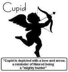 Cupid is depicted with a bow and arrow, a reminder of Nimrod being a 'mighty hunter'.