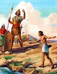 David meets this great warrior of the Philistine army in his regular clothes and his sling-shot. Goliath is covered with body armor and even has a soldier in front of him carry a shield to protect him from arrows and stones.  