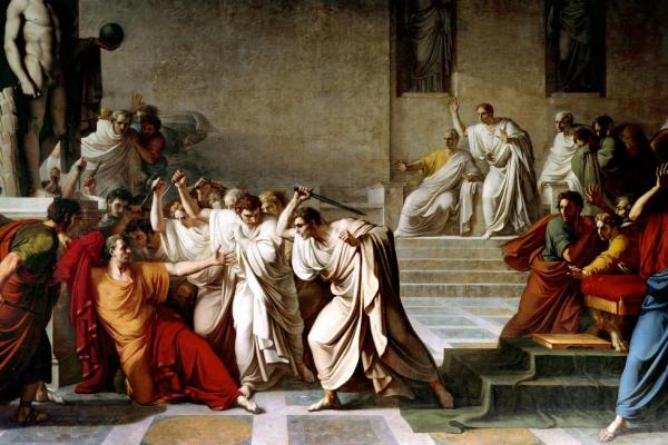 The assassination of the Roman emperor, Julius Caesar, and a betrayal by an entrusted friend.