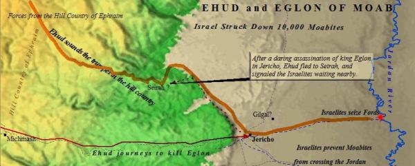 Ehud, the deliverer of Israel, first gives a tribute to Eglon, the king of Moab, in his summer palace at Jericho.  Then after going to Gilgal, he returns and assassinates Eglon.  Ehud escapes to Seirah, where he summons the men who were living in the hill country of Ephraim.  They then go and seize the fords on the Jordan River.