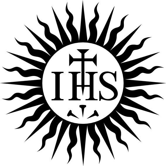 The design of this emblem is attributed to Ignatius of Loyola (1541), the founder of the Society of Jesus.  The number of rays is 32, with the three nails on the bottom and the two nails forming a cross at the top in the sun with the letters “IHS.”
