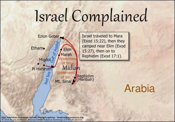 Israel traveled to Mara, then they camped near Elim, and then on to Rephidim.