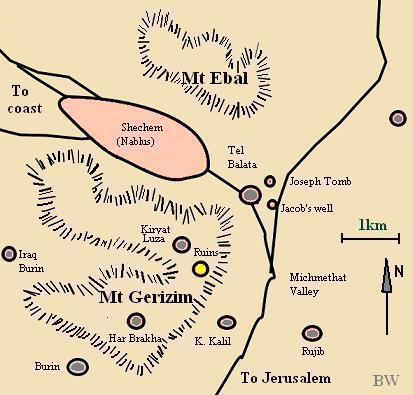 The location of Jacob’s well, Joseph’s tomb as well as Mt. Gerizim and the ruins of the temple.