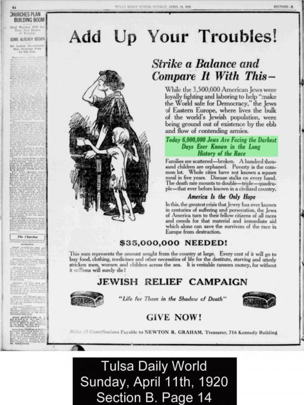 A 1920's Jewish relief campaign advertisement states: “Today 6,000,000 Jews are facing the darkest days ever known in the history of the race.”