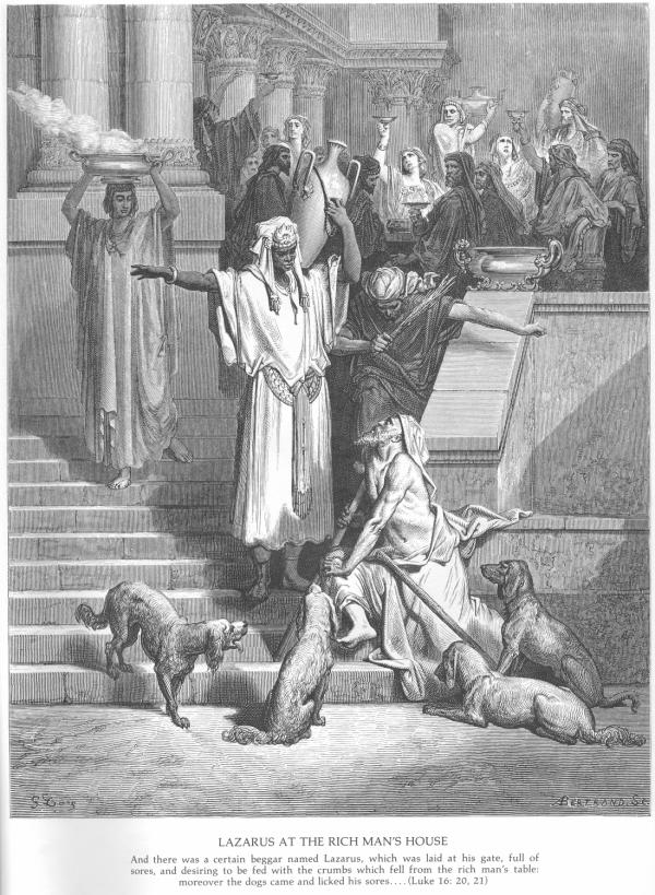 A woodcut by Gustave Dore' titled 'Lazarus at the Rich Man's House' in which the artist rendered the rich man as a negro and the setting is his opulent estate with Lazarus languishing at the bottom of the steps with some dogs.
