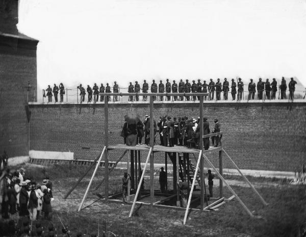 The condemned Lincoln conspirators on the scaffold, 1865.
