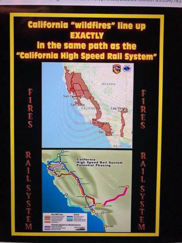 Dianne Feinstein’s husband, Richard Blum, got the contract to build a highspeed rail system approximately where all the fires have burned. Coincidence?