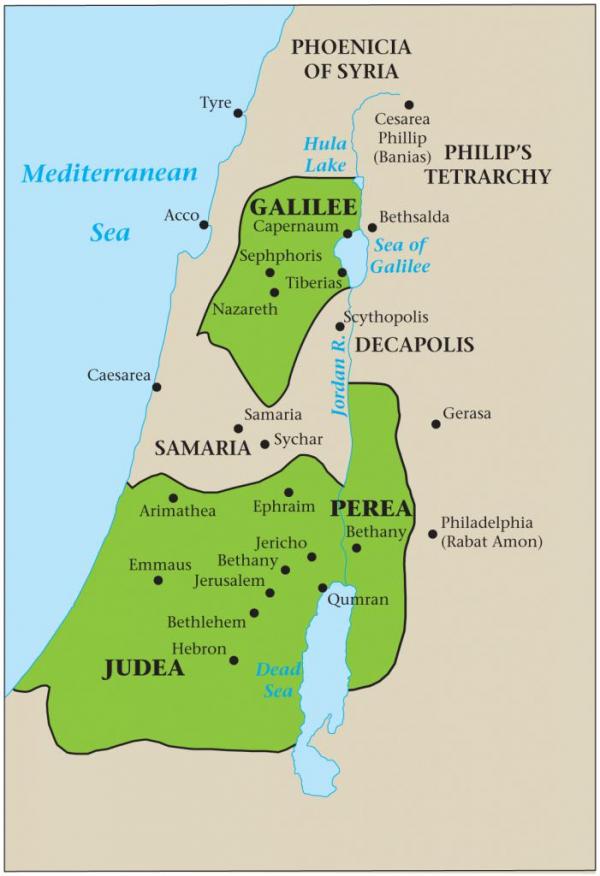 Map showing the portion of Galilee (mostly Benjaminites), Samaria (mostly strangers), and Judea (mostly Judah).  Levi was sprinkled in both parts, but was mainly in Judea.