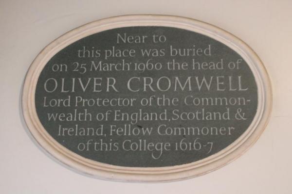 Plaque at Sidney Sussex College, the Puritan school that Cromwell had attended. They buried him on their campus. 