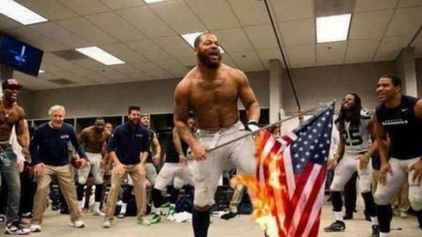 Negro players set ablaze an American flag and the Seattle Seahawk locker room.