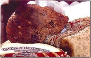 The skull of Francis Xavier, who wrote to the King of Portugal and proposed a tribunal of the Inquisition to be set up in Goa