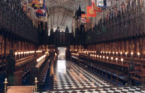 St. George’s Chapel of Windsor Castle, west of London with its white and black checker-board floor.
