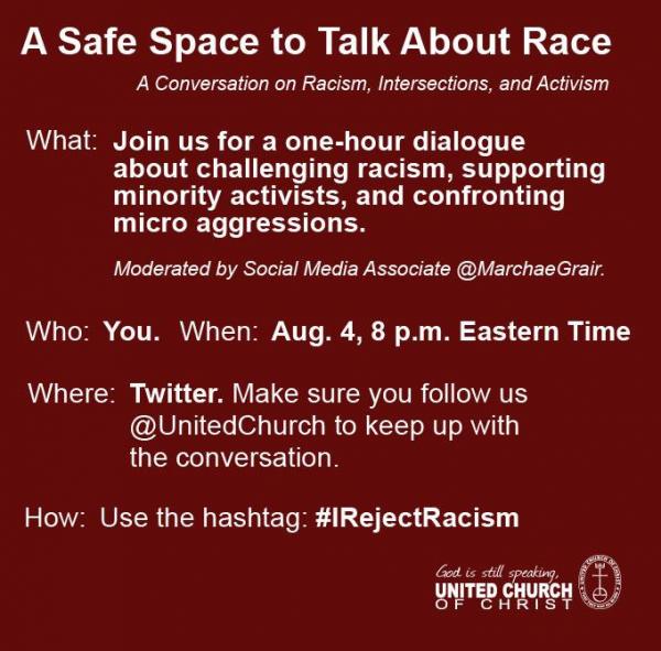 I am sure that this will be a good discussion group …there is only one agenda.  Look at the last sentence:  “#IRejectRacism.”