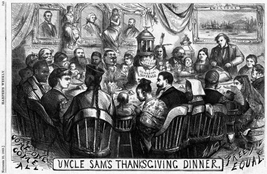 An 1869 Thomas Nast cartoon, Columbia is pictured sitting at a dinner table with individuals from all cultures and walks of life. 