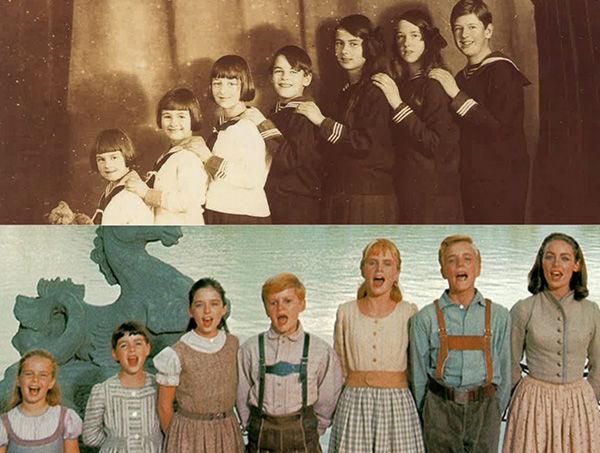 The top photo shows the first seven of the von Trapp children.  The bottom photo shows the cast of Sound of Music.