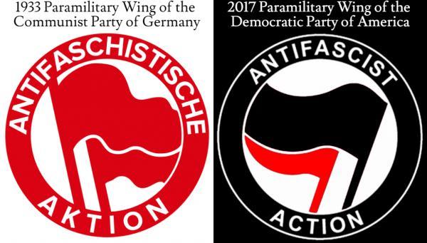 The 2017 ANTIFA logo is almost identical to the logo of the Communist Party during the Wiemar Republic prior to Hitler being elected in 1933. 