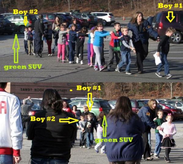 Compare these two photographs.  The second photograph, taken at practically the same time, shows a group of parents casually looking on with their arms crossed as the officer rearranges the kids to get “a better shot”.  Is there anyone who believes that these pictures were taken in a mass-murder emergency situation?