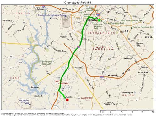 Map showing route between Charlotte, NC to Fort Mill, SC.