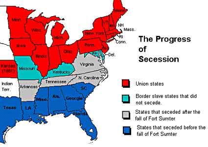 This map shows the states that seceded from the Union before the fall of Fort Sumter, South Carolina, those that seceded afterwards, the slave states that did not secede, and the Union states.