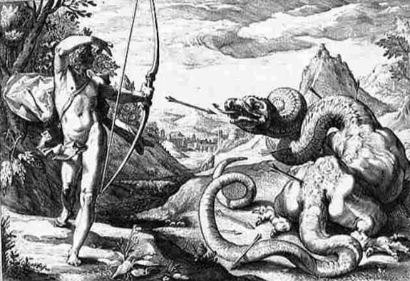 Apollo shooting arrows at a python