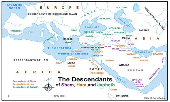 Map showing where the descendants of Noah’s three sons migrated after the Tower of Babel