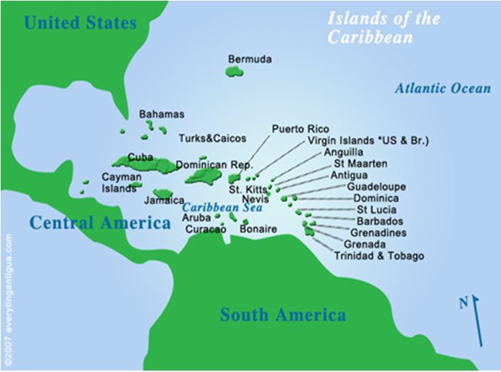 Map of St. Kitts and Nevis in the Caribbean