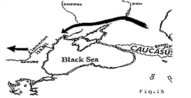 Migration map of Scythian Israelites through the Caucasus mountains, westward  along the valley of the Danube into Central Europe.