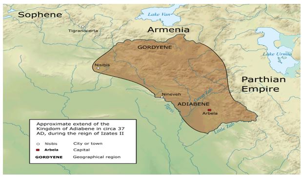 The Kingdom of Adiabene in c. 37 AD at its greatest extent, during the reign of Izates II