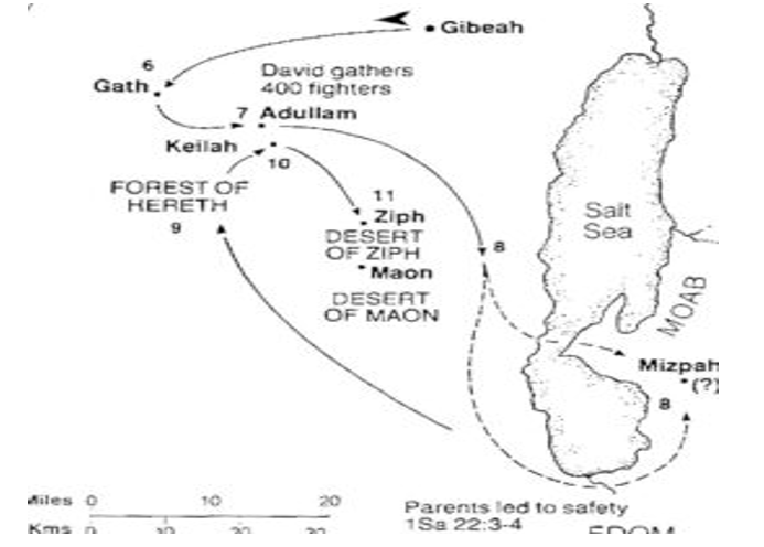 Map showing distance from Adullam to Mizpeh in Moab