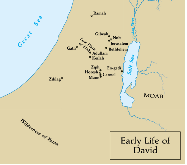 Map showing location of Nabal's land Maon and Carmel