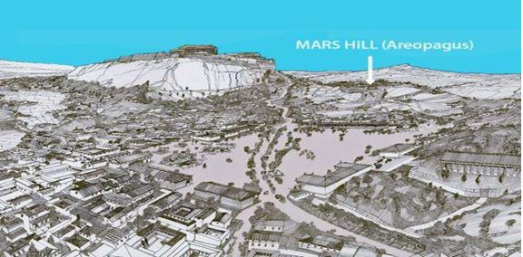 This illustration shows Mars Hill with the Acropolis rocky outcrop in the background left.
