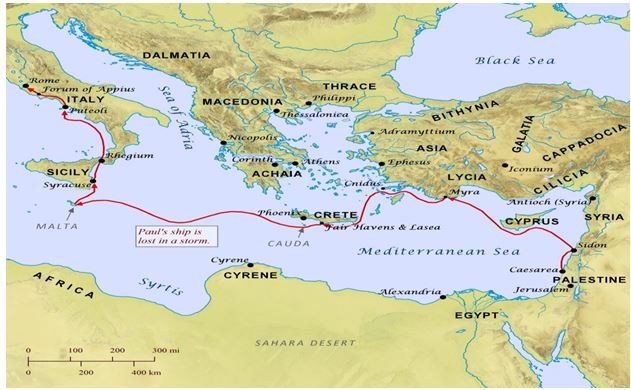Paul's travels from Rhodes, through Caesarea  and then to Rome