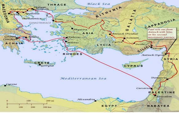 Map of Paul's travels on his 2nd missionary journey