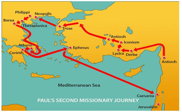 Map of Paul's travels on his 2nd missionary journey
