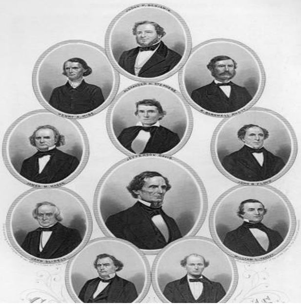 Engraved portraits of confederate chieftains Judah Benjamin, Henry Wise, Alexander Stephens, Robert Barnwell Rhett, James Mason, Jefferson Davis,...