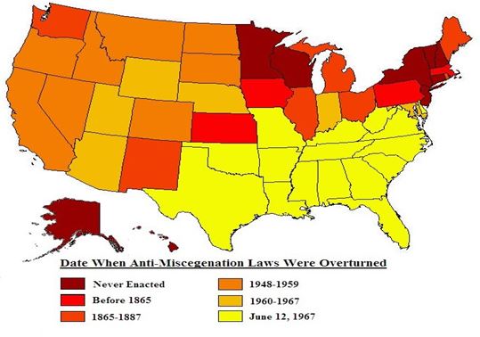 Dates when each US state overturned anti-miscegenation laws.