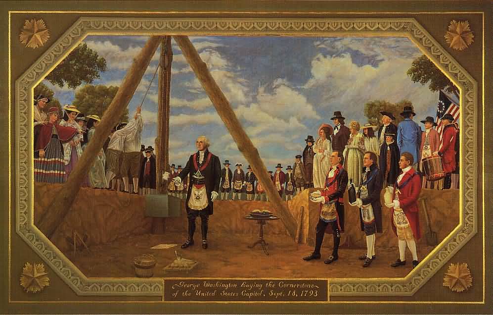 Painting of George Washington performing a Masonic ritual in 1793 during the lay down of the cornerstone for the Capitol building.