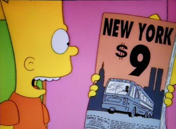 A cartoon showing an advertisement for traveling to New York that says:  $9 with a picture of the two towers right behind the nine; 911.