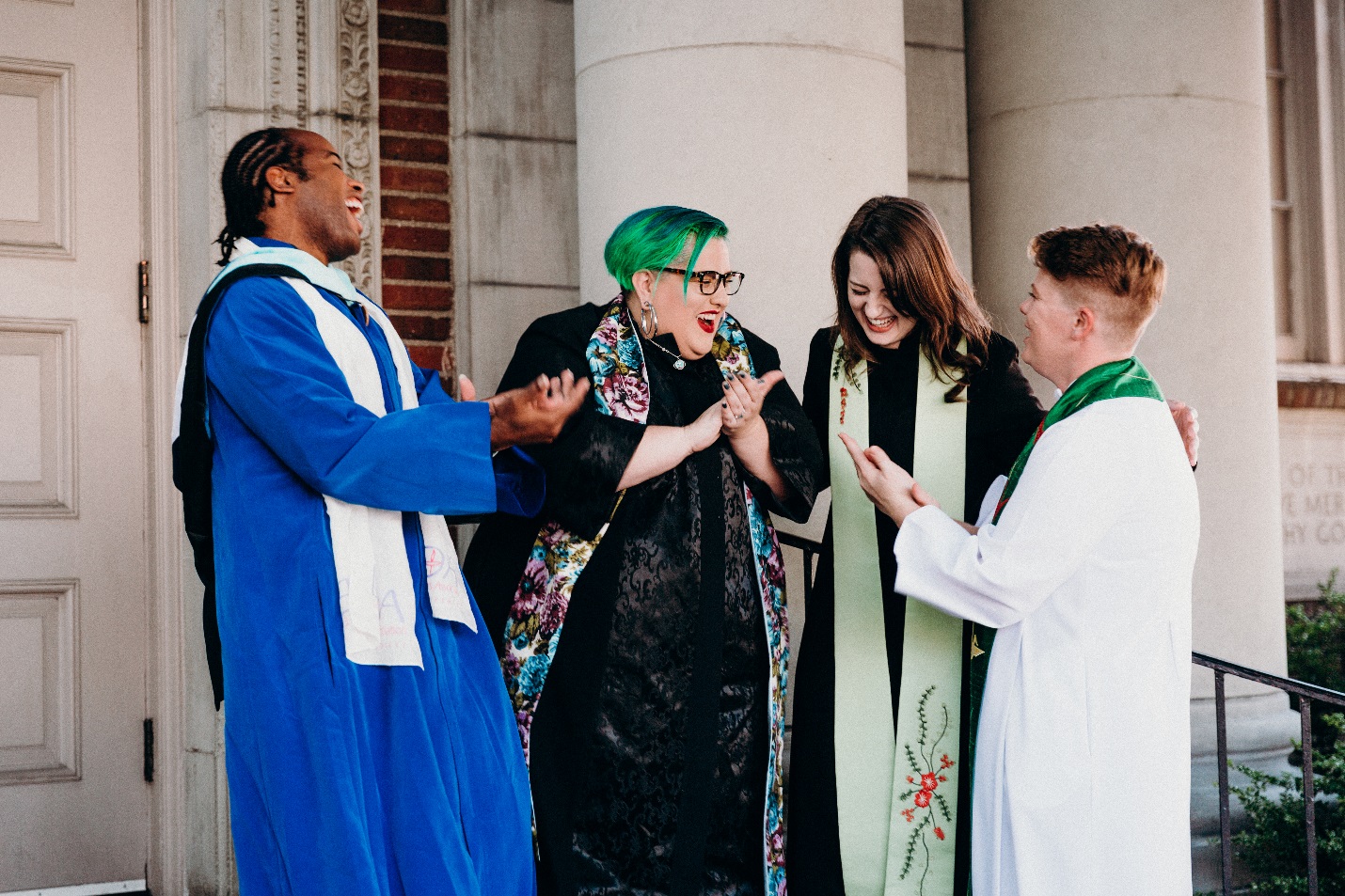 Here is Abigail with a three other ministers and workers in her church. The Unitarian Universalist Church welcomes almost anyone who has almost any beliefs: For example, they welcome: • Atheists • Agnostics • Buddhists • Judeo-Christians • Hinduists • Humanists • Judaism • Catholics • Islamists • Paganists Many UUs are either gay themselves or very pro-gay in their opinions.