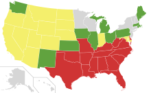 This map shows the general repeal of anti-miscegination laws:   Grey states never had any anti-miscegination laws.   Green states:  Anti-miscegination law repealed before 1887.  Yellow states:  Anti-miscegination law repealed between 1948 to 1967.  Red states:  Anti-miscegination law repealed after June 1967.