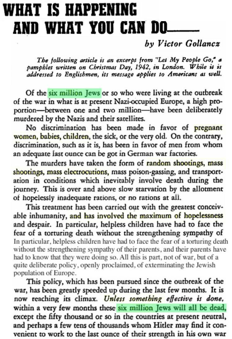 1942 article by Victor Gollancz advising that of the six million Jews who were living at the outbreak of the war, 1.5 million had been killed.