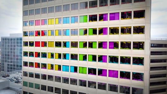 Cincinnati Bell Pride month Post-It mural in the windows of Atrium 2 in Downtown Cincinnati. June 13, 2019.