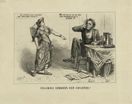 One of the most popular depictions of Columbia during the Civil War shows her demanding President Lincoln to give her hack her sons.