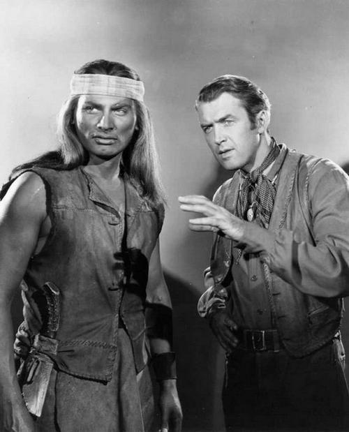 Jeff Chandler and James Stewart as Cochise and Jeffords in the propaganda movie "Broken Arrow".  Broken Arrow is a movie promoting race-mixing and is a false account of something that did not actually happen in real life.