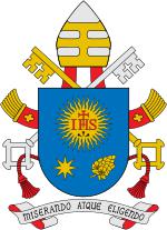 “IHS” on the coat of arms of Pope Francis.   Notice that the sun has 32 rays.