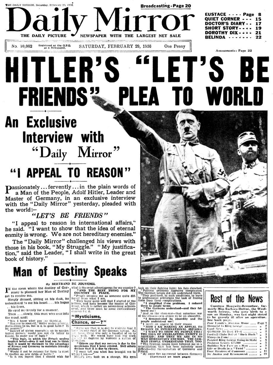 1936 Daily Mirror newspaper interview with Adolf Hitler